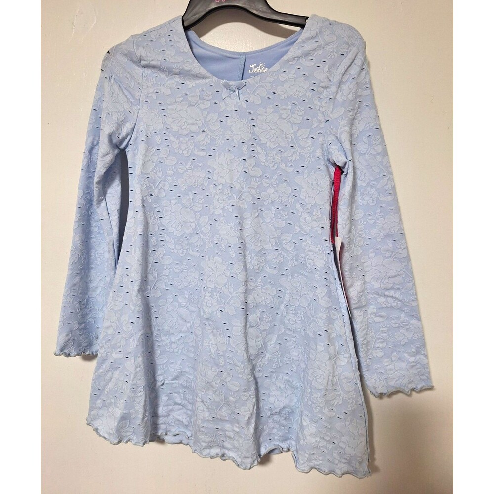 Justice Girls Blue Floral Lace A-Line Short‎ Dress Round Neck Long Sleeve XS